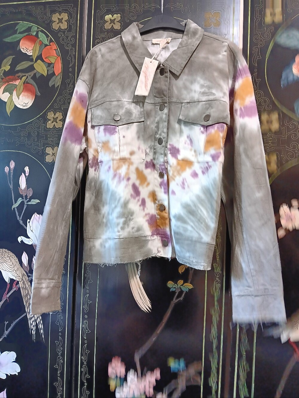 Mystree Tie-Dye Jean Jacket in Olive, Purple & Yellow